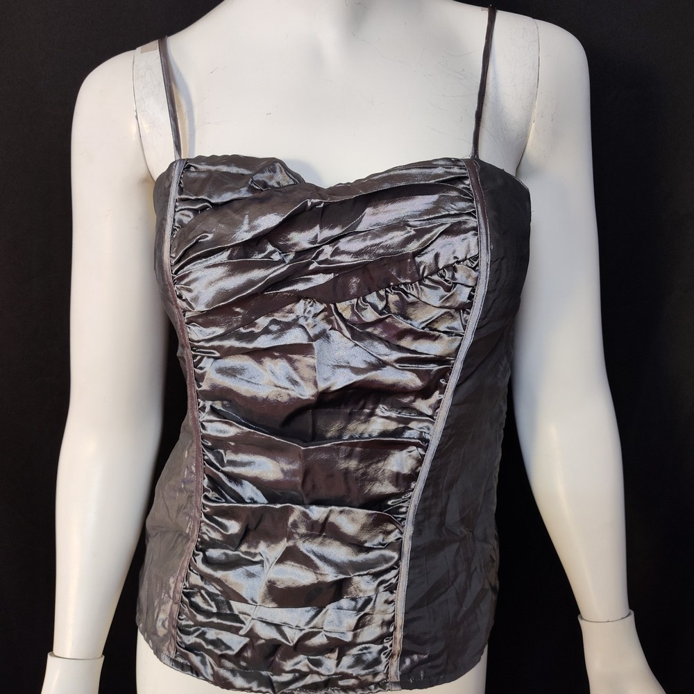 Medium Y2K blouse ruched front smocked gun metal gray shiny party club concert